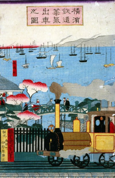 Prima locomotiva a vapore che lascia Yokohama, 1872 da Utagawa Kunisada II